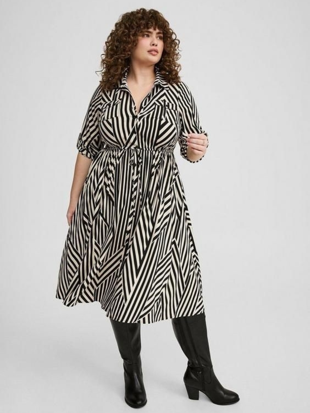 Torrid Black & White Striped Challis Shirt Dress with Waist Tie